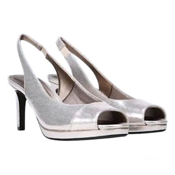 Life Stride Silver Soft Systems Comfort Slingback Platform Peep Toe Heels Size 8 - Picture 1 of 10